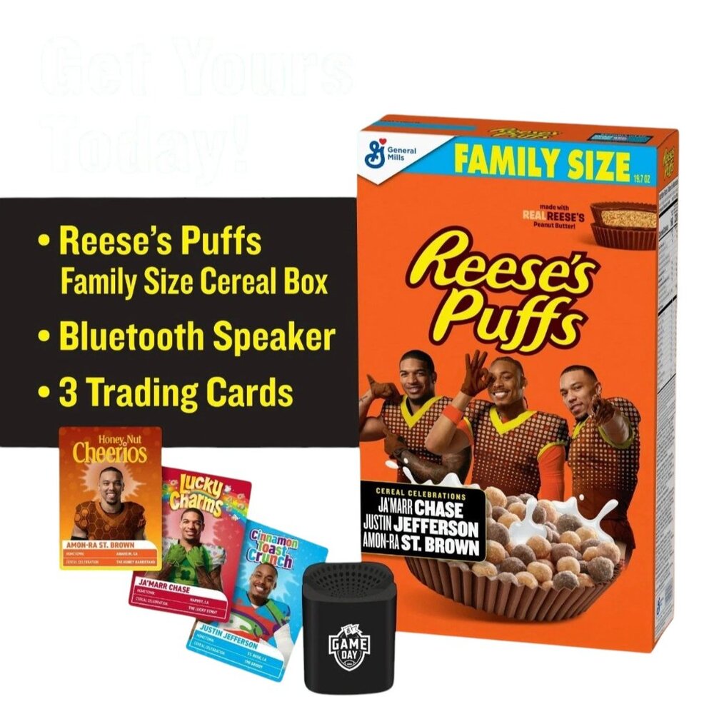 REESE’S PUFFS NFL Cereal Exclusive Bundle w/ Trading Cards & Speaker - Brand New